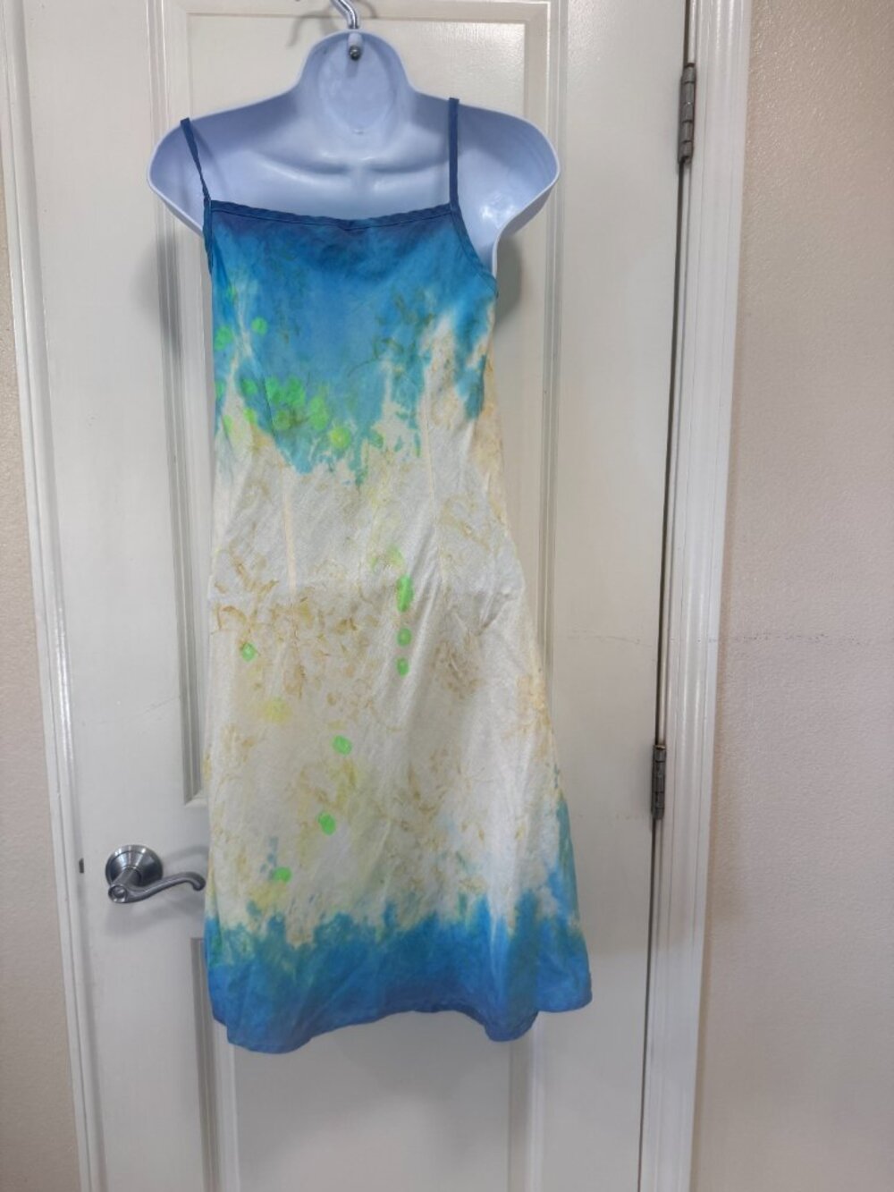 Abercrombie & Fitch Y2K 100% Linen Blue & Yellow Slip Dress Size Small Sundress - Picture 7 of 10